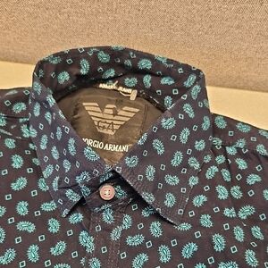 Giorgio Armani Men's Black and Teal Patterned Shirt